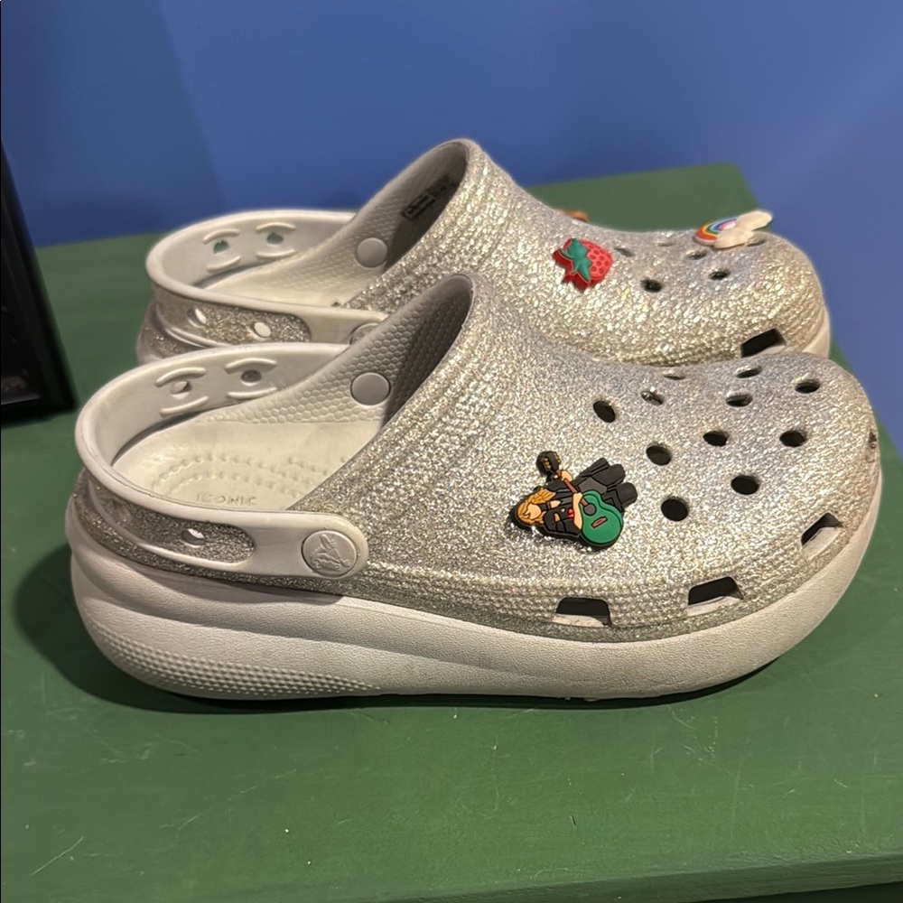 Sparkly silver platform crocs